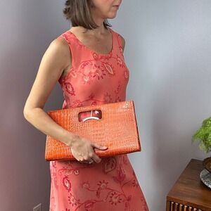 Orange Clutch Bag Croc Embossed Silver Handle Cutout Evening Purse